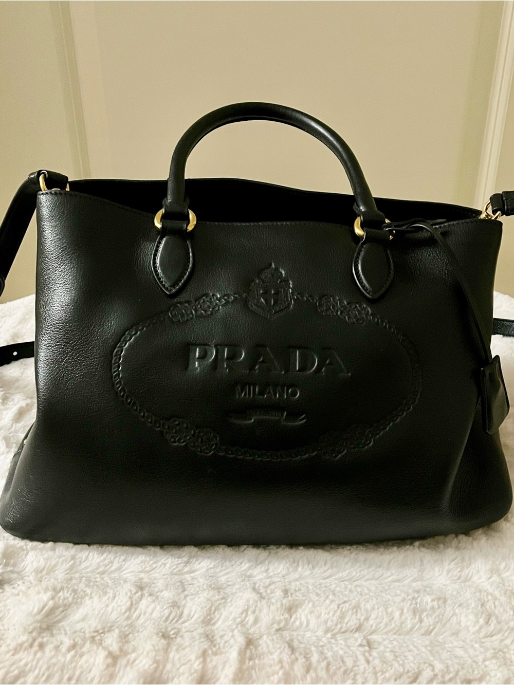 Prada Black Leather Glacé Calfskin Embossed Leather Logo Tote (Authentic) - Picture 4 of 15